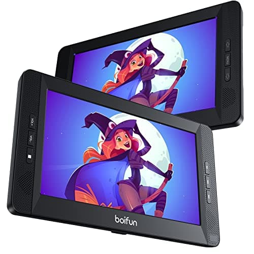 BOIFUN Lettore DVD Auto 2 Schermi 10,5'' con batteria 7 ore per TV portatile, poggiatesta 2 monitor 1024 * 600 HD, supporto poggiatesta USB AV IN/Out FM