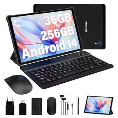 RUSHAR Tablet 10.4 Pollici Android 14 con 36GB RAM+256GB ROM (2TB TF),Tablet 4G LTE/SIM+5G WiFi,Octa-Core,2000 * 1200,8000mAh,13MP+8MP,Tablet in offerta con Tastiera etc,GPS/Bluetooth,Nero
