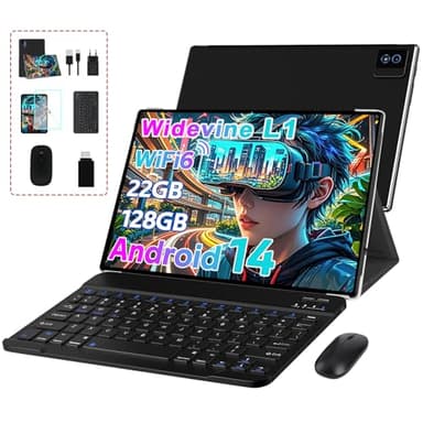 Biegedy Tablet 10 Pollici Tablets Android 14 Octa-Core 2.0 GHz, 22GB RAM+128GB ROM (1TB TF) 5G/2.4G WiFi 6, Widevine L1/GMS/Involucro in Metallo/BT5.0/8000mAh/5+8MP, Tablet con Tastiera e Mouse - Nero