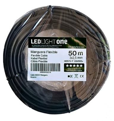 Led Light One Cavo H05VV-F tubo 3 x 2,5 mm 50 m (nero) Tensione di esercizio: 500v Temperatura massima di esercizio 70º. Cavi per installazioni fisse e mobili in ambienti domestici e uffici.