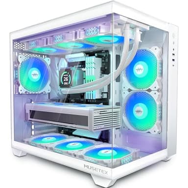 MUSETEX Case PC ATX, 6 ventole PWM ARGB preinstallate, supporto RAD 360MM, gioco Type-C 270° full view vetro temperato Mid Tower Pure White ATX Computer Case, Y6