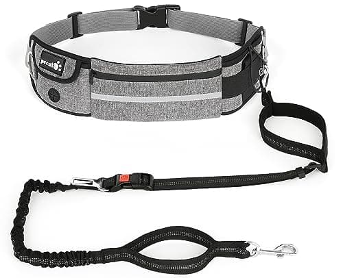 Pecute Guinzaglio Mani Libere per Cani,Guinzaglio per Cani, Camminata, Allenamento, Escursionismo, Cintura in Vita Regolabile e Custodia per l'acqua, per Corsa, Jogging, Grigio Chiaro