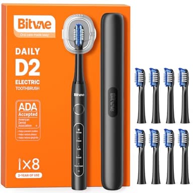 Bitvae D2 Spazzolino Elettrico per Adulti e Bambini, Spazzolino Elettrico da Viaggio con Batteria Ricaricabile per 60 Giorni, 8 Testine del Spazzolino, 5 Modi, Porta Spazzolino, Nero