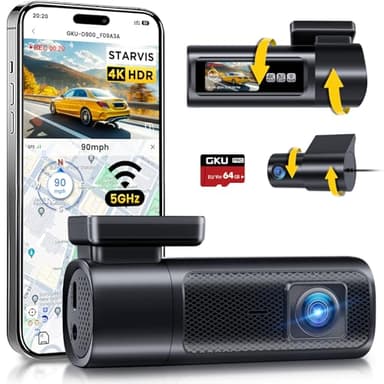 Dash Cam Auto, Doppia 4K 60fps+2.5K, 5G WiFi Telecamera per Auto con SD 64G, Schermo IPS da 1.47', GPS, Super Visione Notturna, G-Sensor, Registrazione in Loop, HDR, 360° Rotabile,Max 512 GB