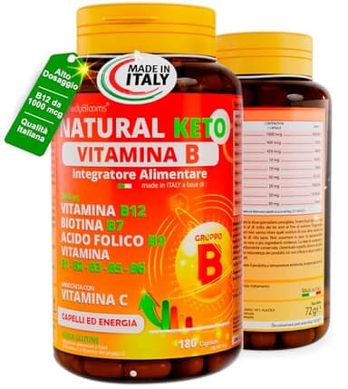 Vitamina B Complex NATURALKETO® Vitamine gruppo b max dosaggi consentiti. Complesso vitamina b con vitamina b6, b1, b3, b5, b9 Biotina, Acido folico, vitamina b12 1000ug e Vitamina C. MADE IN ITALY