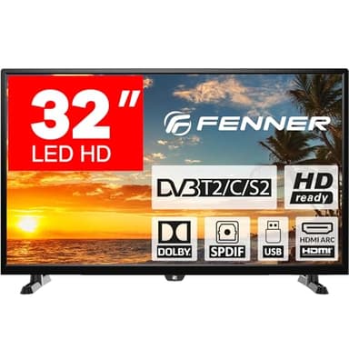 FENNER TV 32 pollici HD 720p Mini LED, DVB-T2, HDMI ARC, DVB-T2/S2 HEVC 10 Bit H265, Dolby digital Audio, Vesa 100