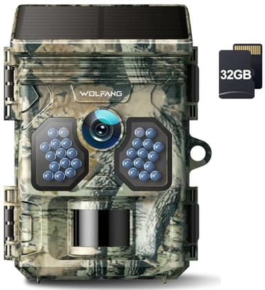 WOLFANG Fototrappola Solare 4K 30Fps, 48MP Fotocamera Caccia con Eccellente Visione Notturna, Fototrappole con Tempo di Scatto 0,1s, IP66 Impermeabile, Micro SD da 32 GB