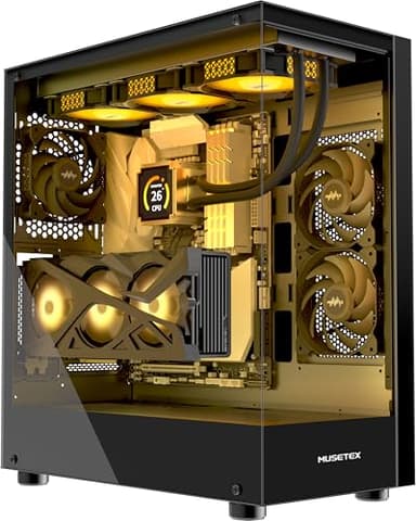 MUSETEX ATX PC case, supporto ruota da 360 mm, Full View Dual Tempered Glass Mid Tower Case PC, case di tipo C con 3 ventole non LED preinstallate, alloggiamento PC da gioco, nero (K2)