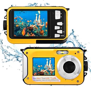 Fotocamera Digitale Impermeabile,Couleeur Macchina Fotografica Subacquea Full HD 2.7K 48MP Doppio Schermo Anti-Shake con Microfono LED Autoscatto e Zoom Digitale 16X per Bambini Adolescenti(giallo)
