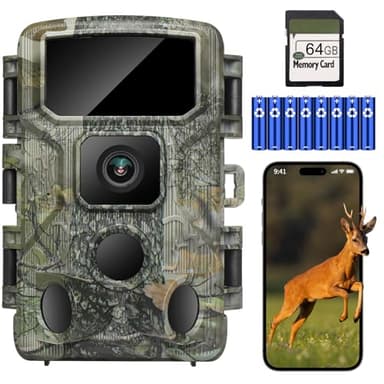 KJK 4K 64MP Fotocamera Caccia WiFi con scheda SD da 64 GB, IP67 Impermeabile Fototrappola Infrarossi Invisibili con Velocità di Trigger 0.05s, 130°Angolo ampio Schermo a colori HD