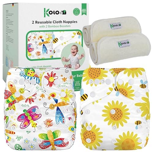 Kolo - Set di 2 Pannolini lavabili riutilizzabili per bambini e neonati + 2 inserti assorbenti in bambù, Taglia regolabile, unisex 100% Ecologici. Fantasia Bee&Butterfly