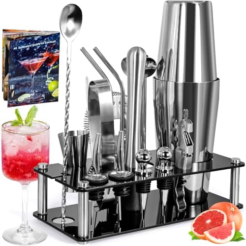 ZPQAODI Set da cocktail, 18 shaker da cocktail in acciaio inox, per cocktail shaker e cocktail shaker per feste essenziali, set professionale con supporto e ricettario, set da cocktail mix per