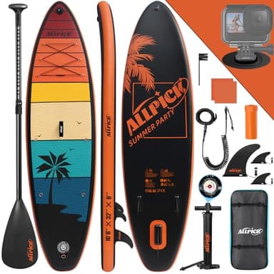 ALLPICK Sup Gonfiabile, Stand Up Paddle Board Gonfiabile, Con Supporto Universale per Fotocamera, Accessori Completi, Tavola da Sup Surf, Principianti e Avanzati, 150kg/180kg, (Colore arancione)