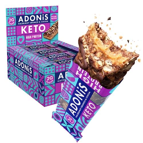 Barretta Proteiche Adonis Keto al Croccante di Nocciole & Cioccolato | 16x 35g Barrette | Vegano & 100% Naturale | Senza Zuccheri, Senza Lattosio | Dieta Chetogenica Snack Bars