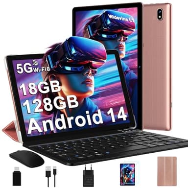 DMOAO Tablet 10 Pollici Android 14 con 18 GB RAM + 128 GB ROM(TF 1TB), FHD Tablet con 5G Wi-Fi 6, Widevine L1, Octa-Core, USB-C, BT 5.0, 6000 mAh, Tastiera + Mouse + Custodia, Oro Rosa