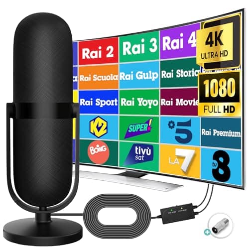 2024 Antenna TV Interna - Antenna TV Digitale Terrestre con Potente Amplificatore & 500 km di Distanza di Ricezione, Antenna TV Portatile Supporto 4K/1080P HDTV, Cavo Coassiale da 5 m Incluso - Nero