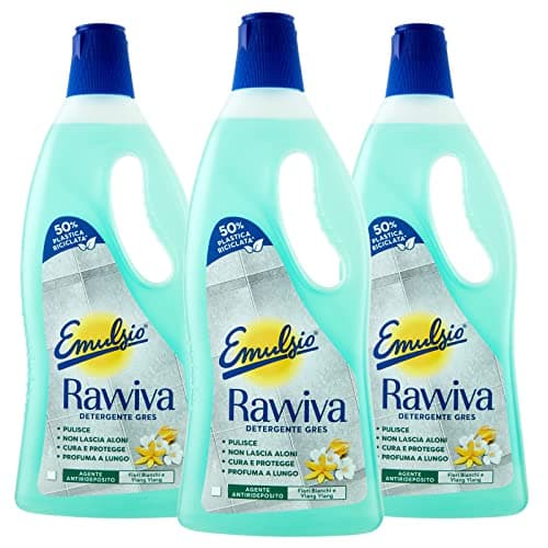 Emulsio Ravviva Gres Detergente Pavimenti per Grès Porcellanato Lucido o Opaco Formula con Agente Antirideposito Protettivo Profumo di Fiori Bianchi e Ylang-Ylang a Lunga Durata - 3 Flaconi da 750ml