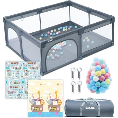 Teddle Box Bambini – Incluso Tappeto da Gioco Double-Face - Recinto per Bambini con 50 Palline – 180 x 150 cm – Box Neonato Per Uso Interno ed Esterno – Box per Bambini – Grigio