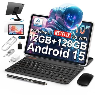 TECLAST P30T Android-15-Tablet 10.1 Pollici, 12GB RAM+128GB ROM(TF 4TB), 2GHz T606 Octa-Core, Widevine L1/GPS/BT5/6000mAh/Tablet con Tastiera+Custodia+Penna+3.5mm Auricolari, 10 Accessori-2025 Newest