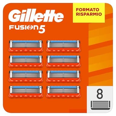Gillette Fusion 5 LAMETTE DA BARBA, 8 RICAMBI da 5 Lame, Rasatura Scorrevole con Striscia Lubrificante, Fino a 1 MESE DI RASATURA con 1 Lametta