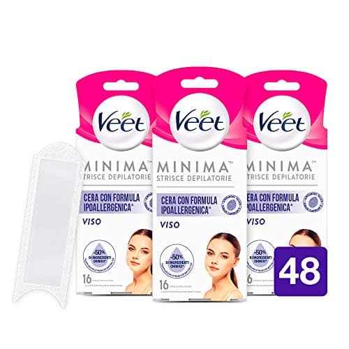 Veet Strisce Depilatorie Viso Ipoallergeniche, Ceretta Baffetti e Viso, Dermatologicamente Testate, 48 Strisce (24x2 Strisce) + Salviette Post-Epilazione Idratanti