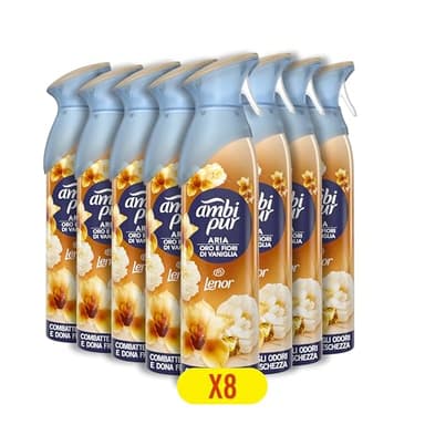 Ambi Pur Deodorante Ambiente Spray, Confezione da 8 Deodoranti, Fragranza Oro e Fiori di Vaniglia, Combatte Gli Odori In Qualsiasi Stanza Della Casa