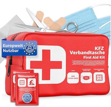 Borsa di medicazione per auto, norma 2025, con salviettine di ventilazione – scatola di medicazione auto – DIN13164:2022 – kit di pronto soccorso – kit di pronto soccorso – scatola di medicazione