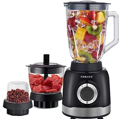 SOKANY 1000W Frullatore per Frutta e Verdura, 5 Velocità + Pulse, 3 e 1 frullatore multifunzione, [1,5L Frullati e Smoothie/0,25L Macinacaffe/0,7L Tritatutto]