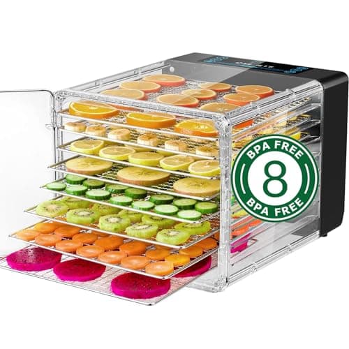 Essiccatore Alimentare con 8 Vassoi in Acciaio Inox, Essicatore Frutta e Verdura 48 Ore Timer, Disidratatore Alimenti Temperatura Regolabile 30-75°C, 1 Setacci in Rete, 1 Vassoio per Rotoli di Frutta