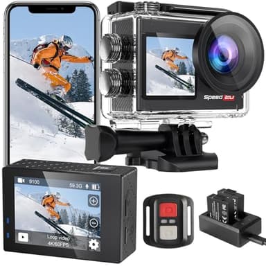 Hiicam Speed 20 Action Cam 4K60FPS 40M Fotocamera Subacquea, 40MP Doppio Schermo WiFi Videocamera,170° Grandangolare, EIS Stabilizzazione, Touch Screen, 5x Zoom, 2x1350mAh Batterie, Kits di Accessori