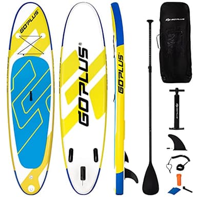 COSTWAY SUP Gonfiabile Adulti 305/335 cm, Stand Up Paddle Gonfiabile con Pinne, Leash, Pagaia, Pompa, Kit di Riparazione e Borsa, Carico Massimo 120 kg (Giallo+Blu, 305 x 76 x 15 cm)