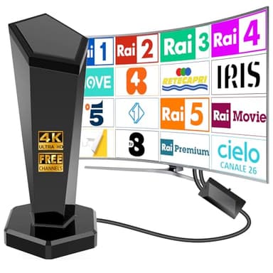 Antenna HD digitale da interno per Smart TV, canali locali e risoluzione 4K, potente base magnetica, ricezione a 360° Antenna HDTV da interno - Cavo coassiale da 10 piedi