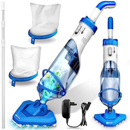 tillvex Aspirapolvere per piscina con batteria e asta telescopica + filtro di ricambio fino a 15 m³, aspiratore elettrico per piscina con filtro e 60 minuti di autonomia, set di pulizia senza fili