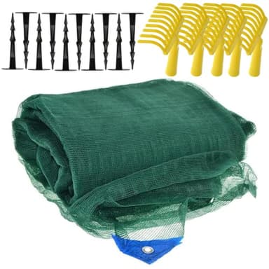 Set Raccolta Olive con Rete Antispina mt 8x8 Aperta, 5 Rastrelli a Pettine con 9 Denti, 10 Picchetti di Ancoraggio in Plastica