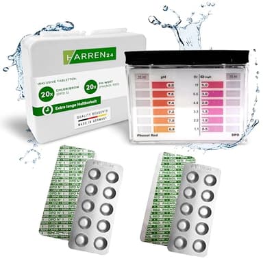 harren24 Testkit Set incl. 40 pastiglie per l‘analisi dell'acqua (Rapid) tester per acqua e scatola di conservazione, 20x DPD1 Cloro + 20x Phenol Red valore del pH, analisi dell'acqua di piscina (40)