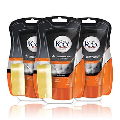 Veet for Men Crema depilatoria per uomo sotto la doccia pelli normali petto e corpo 3 x 150ml
