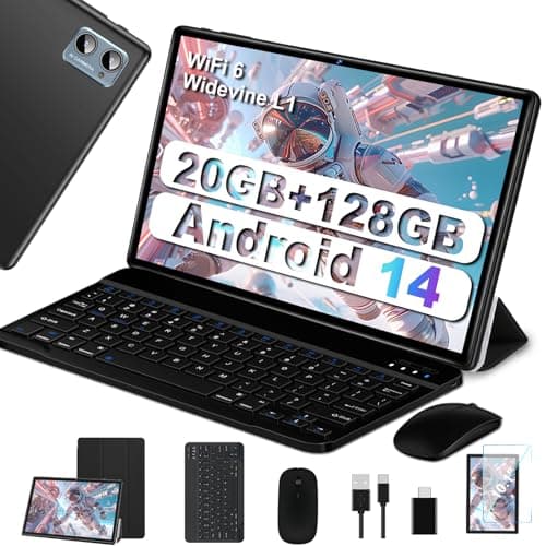 SUAAT Newest Tablet Android 14 10 Pollici 20GB RAM+128GB ROM(1TB TF),Octa-Core, WIFI 6,1.8Ghz,BT5.0, GMS, 8MP + 5MP, Type-C, OTG, Cast, Tablet PC con Custodia, Tastiera e Mouse, Nero Intenso