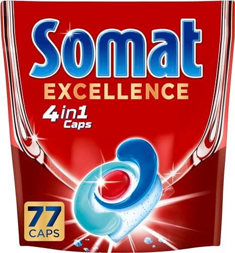 Somat Excellence 4 in 1 Caps (77 Caps), pastiglie per lavastoviglie ad alta risoluzione, tappi Somat per un'eccellente pulizia e lucentezza anche nel programma Eco e a basse temperature