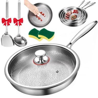 Pure Titanium Hammered Pan Pro, 2025, padella in titanio con coperchio, padella martellata antiaderente in acciaio inox per cucinare in campeggio (With Lid, L)