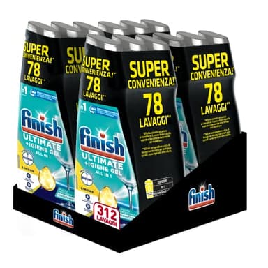 Finish Quantum + Igiene, Detersivo Lavastoviglie Raccomandato da Napisan, Gel Lavastoviglie al Limone, 312 Lavaggi, 12 confezioni da 26 Lavaggi di Liquido Lavastoviglie