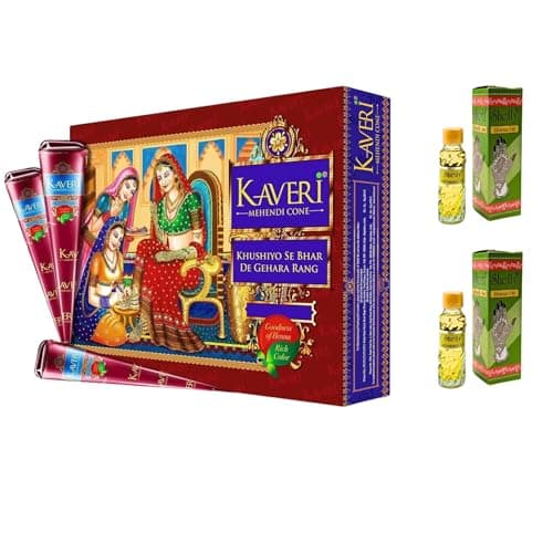 Glority Kaveri Mehendi - Coni di henné naturale a base di erbe, per feste e occasioni speciali, con olio da 15 ml (12 coni confezione da 1), Marrone Scuro