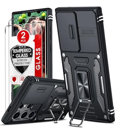 LeYi Cover per Samsung S24 Ultra con Vetro Temperato [2 Pack], Custodia con Protezione Fotocamera [Slidable] Antiurto Militare 360° Anello Supporto TPU Bumper Custodie Samsung Galaxy S24Ultra, Nero