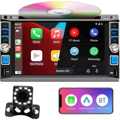 Autoradio Double Din con lettore CD/DVD, CarPlay e Android Auto, display touchscreen da 6.2“ con telecamera posteriore AHD, Bluetooth, Mirror Link, SWC, ricevitore audio per auto RDS/AM/FM