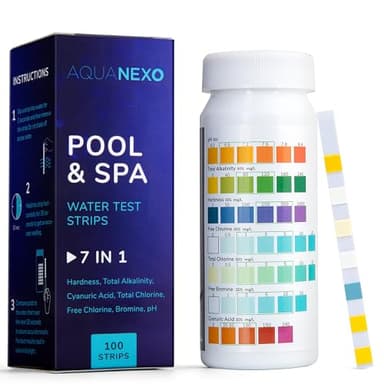 AQUANEXO 100 strisce reattive per piscina e spa, 7 in 1, accessori per piscina, tester per piscina per piscine, tester per acqua per piscine, tester per pH e cloro, bromo, alcalinità, CYA, durezza