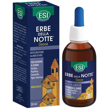 ESI - Erbe della Notte, Integratore Alimentare in Gocce a Base di Passiflora, Camomilla e Valeriana, Favorisce il Sonno e Contrasta Ansia e Stress, Senza Glutine e Vegan, 50 ml