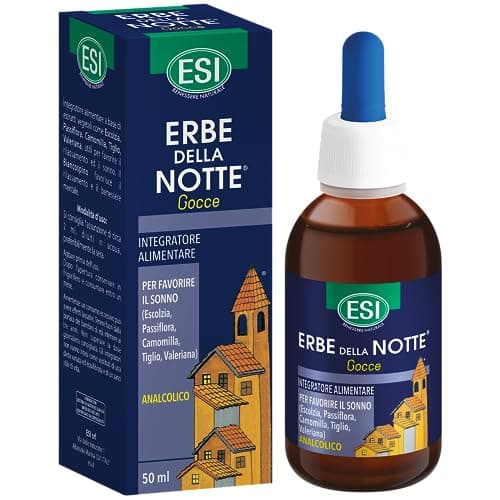ESI - Erbe della Notte, Integratore Alimentare in Gocce a Base di Passiflora, Camomilla e Valeriana, Favorisce il Sonno e Contrasta Ansia e Stress, Senza Glutine e Vegan, 50 ml