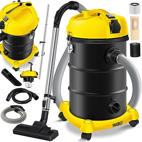 Masko® Aspirapolvere industriale 6 in 1, 2300 W + presa ✓ Funzione soffiaggio ✓ Aspirazione a secco e a umido | Aspirapolvere industriale con e senza sacchetto, Giallo
