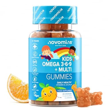 Omega 3 6 9 per Bambini - con Vitamina D, E, e Olio di Perilla 50mg - Vitamine Bambini - Alternativa Vegana a Olio di Pesce - Senza glutine - Omega 3-30 Orsetti Gommosi - Gusto Arancia - Novomins