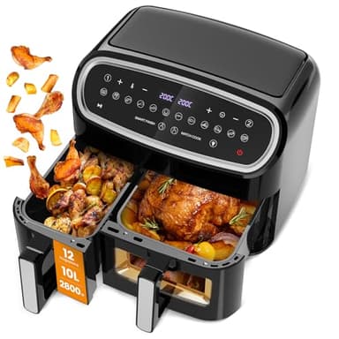 Friggitrice ad Aria Doppio Cestello, 10L XXL Capacità, Funzione 12 in 1, 50-200°C, 2800W Dual Basket Air Fryer con Finestra, Touchscreen, Cottura sana, veloce e versatile - Cooki G10 Pro