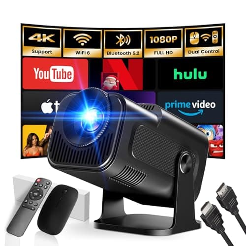 [App integrata] Proiettore 1920 * 1080P 4K Mini Proiettore Portatile 2025 Upgraded Dual Control con Mouse Android TV WiFi 6 BT5.2 180° Rotation HDMI/TV Stick/USB/PS5, con Cavo HDMI e Mouse, Nero